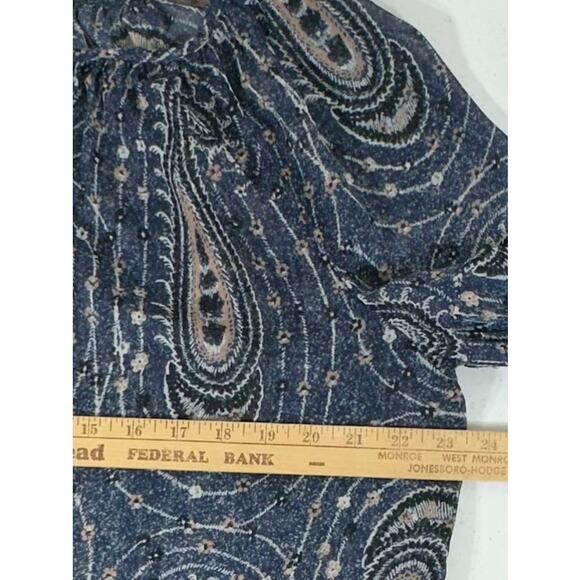 Lucky Brand Top Size XL Blue Sheer Swirl Paisley Boho Bohemian Tassel TIe Neck - Picture 7 of 8